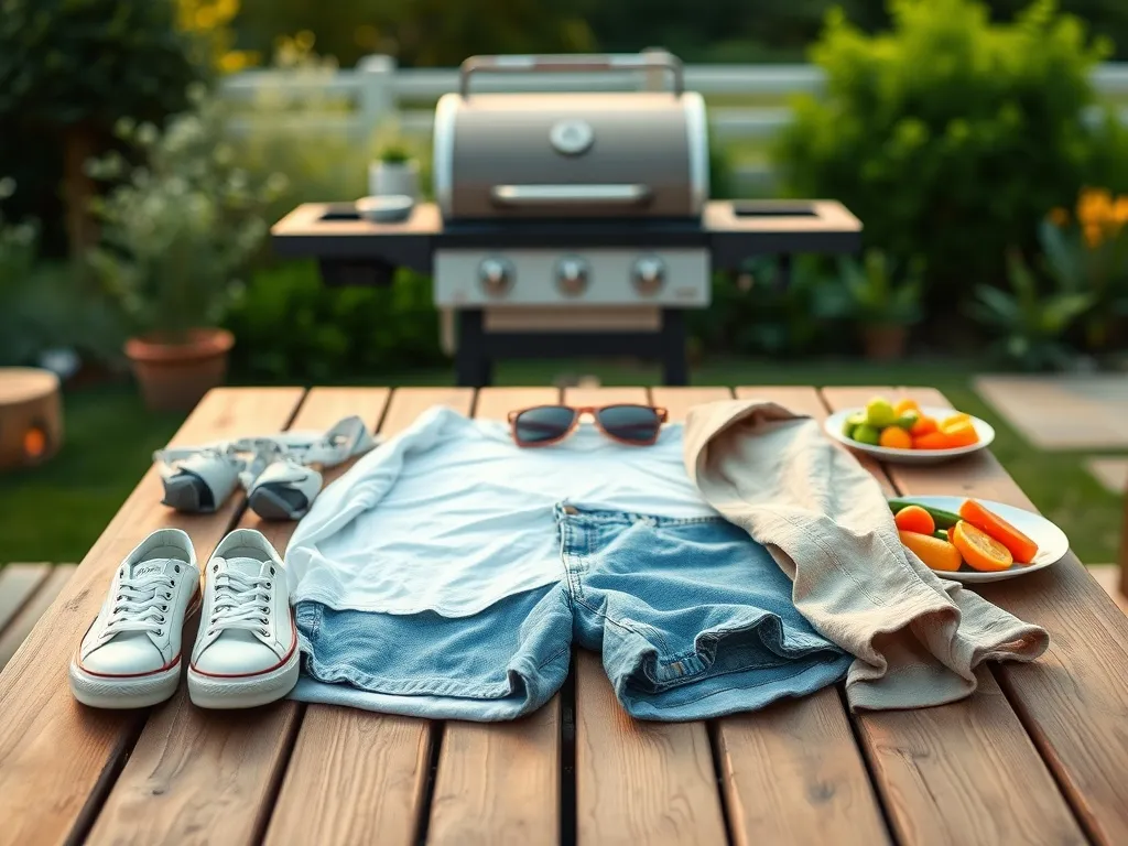 Letnia stylizacja na grilla: T‑shirt, szorty, sportowe buty i okulary słoneczne na tle ogrodu z grillem.