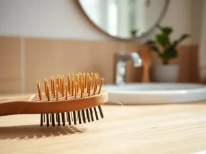 Szczotka z widocznymi wyrwanymi włosami na łazienkowym blacie, symbolizująca problem wypadania włosów