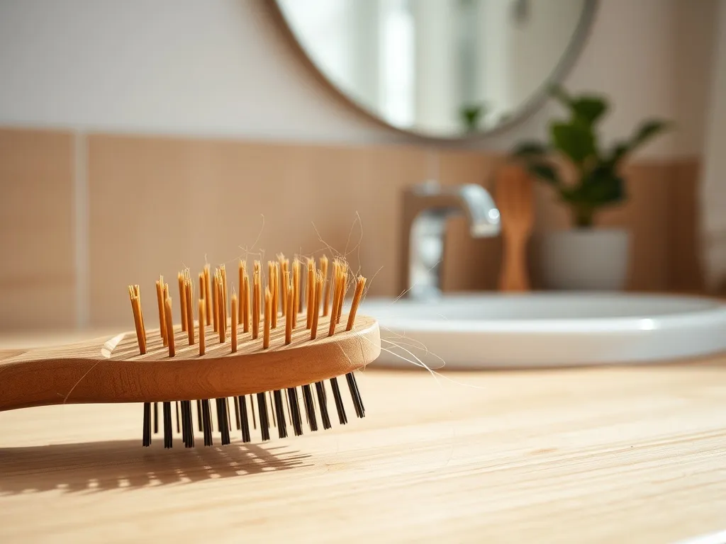 Szczotka z widocznymi wyrwanymi włosami na łazienkowym blacie, symbolizująca problem wypadania włosów