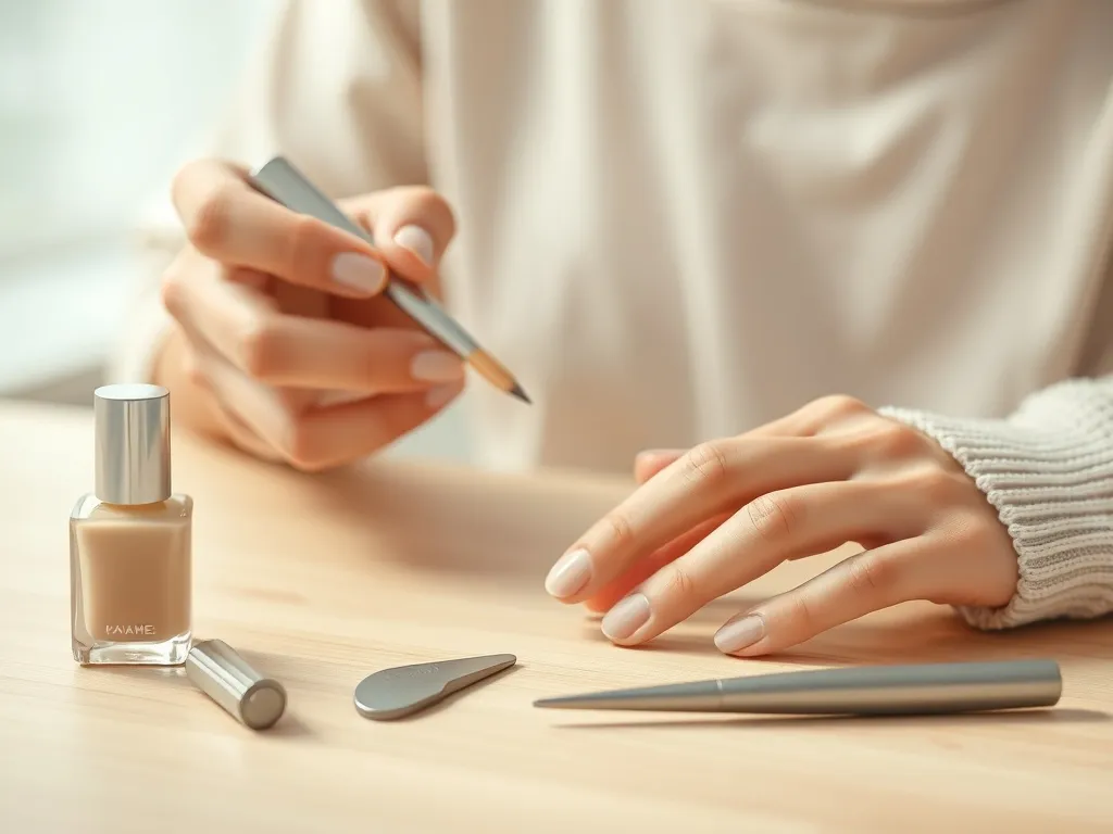 Dłonie kobiety starannie malujące paznokcie lakierem nude, obok uporządkowane akcesoria do manicure na jasnym stole