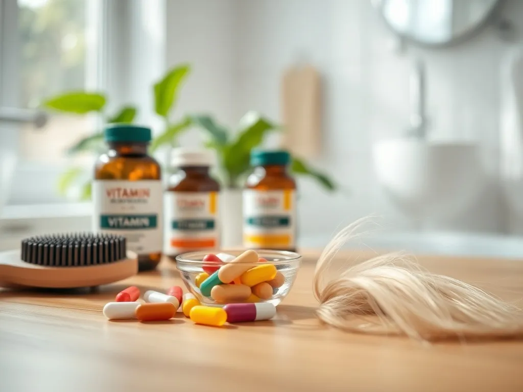 Witaminy i suplementy na drewnianym stole obok szczotki i zdrowych kosmyków włosów, w jasnej, naturalnej łazience.