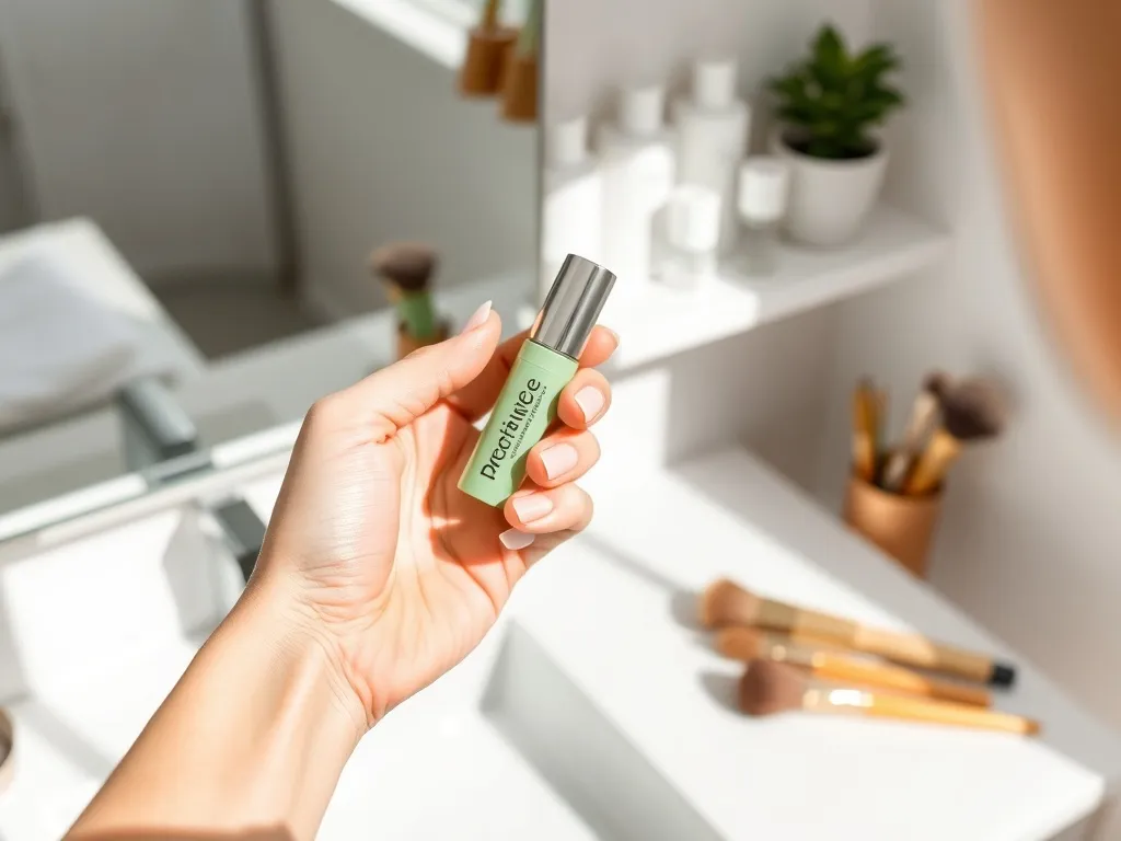 Dłoń trzyma zielony korektor nad toaletką z pędzlami i lustrem, ilustrując jego miejsce w codziennej rutynie makijażu.