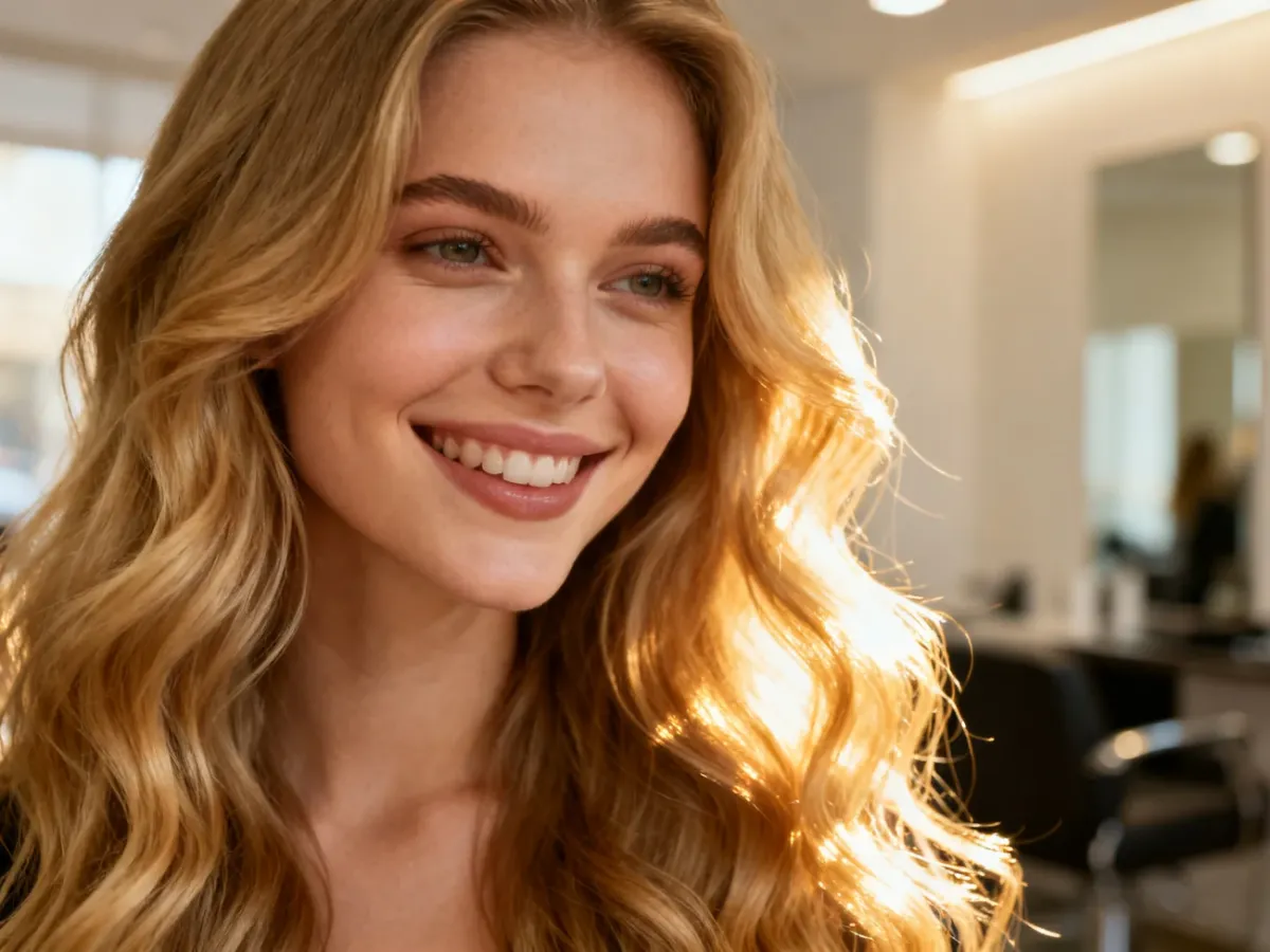 Uśmiechnięta kobieta z długimi, lśniącymi blond włosami ułożonymi w delikatne fale.