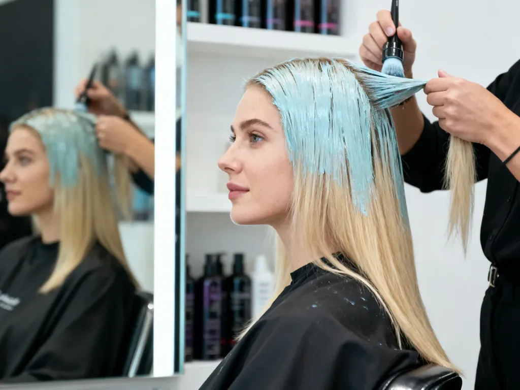 Fryzjerka nakłada chłodny toner na blond włosy klientki w profesjonalnym salonie fryzjerskim.