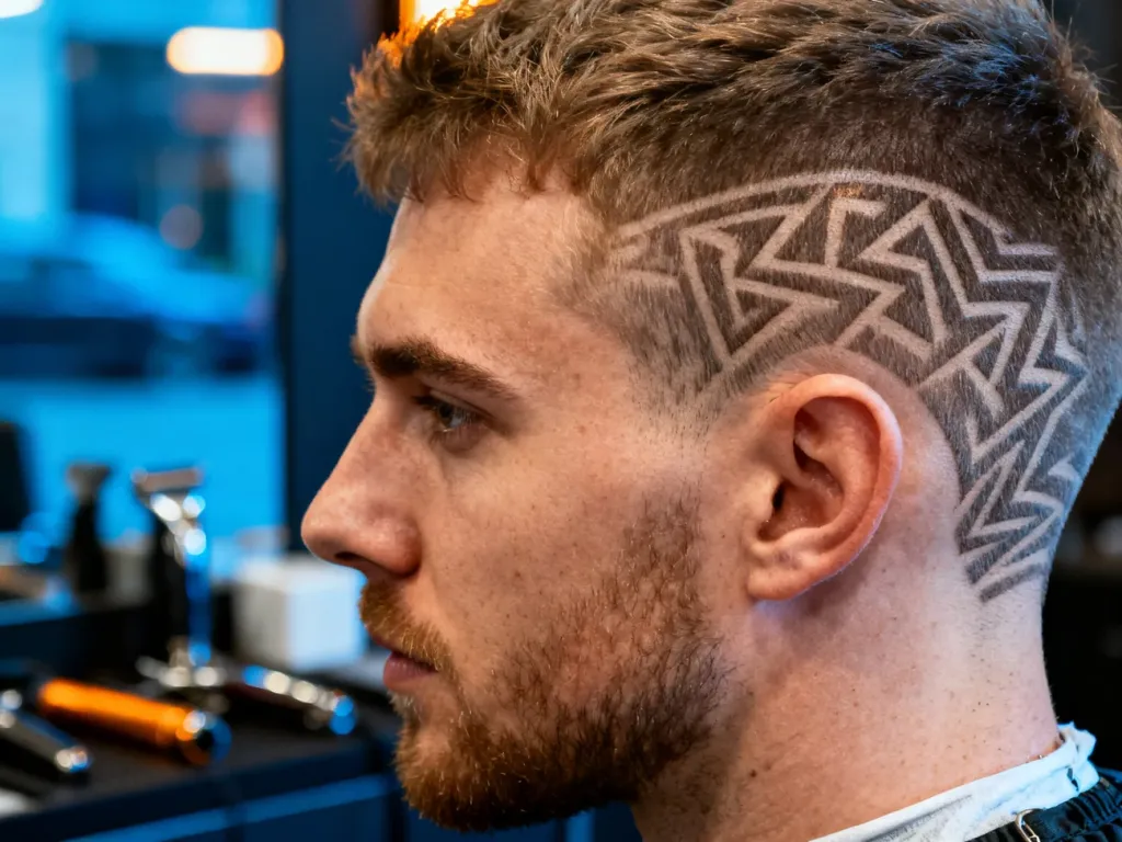 Mężczyzna z precyzyjnie wygolonymi geometrycznymi wzorami na boku głowy w nowoczesnym stylu barberskim.