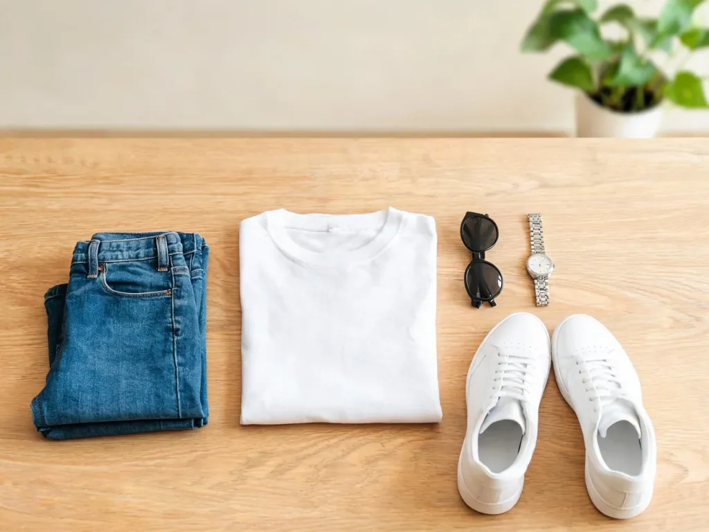 Biały t-shirt z dżinsami, okularami i sneakersami w minimalistycznym flat lay, inspiracja do prostych, codziennych stylizacji.