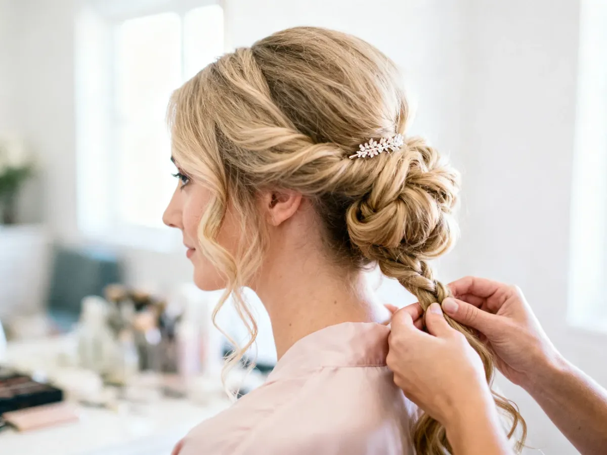 Kobieta z długimi blond włosami tworzy eleganckie upięcie z warkoczem, używając ozdobnej wsuwki w jasnym wnętrzu.