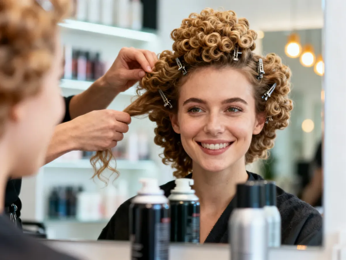 Kobieta u fryzjera ma modelowane włosy na pełną, kręconą fryzurę „na kalafiora”, widać pracę stylisty; no text on the picture